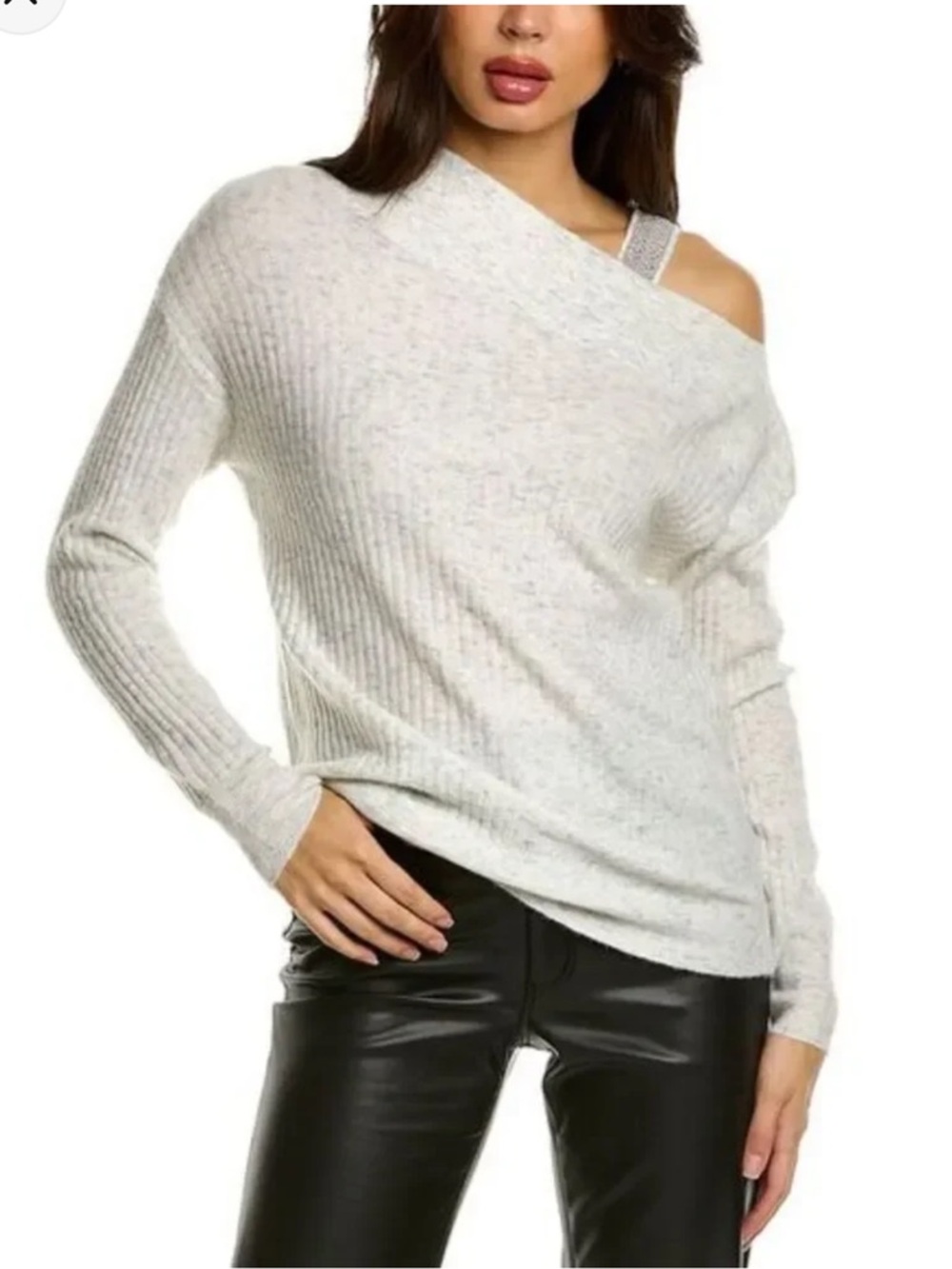 Bailey 44 Kiara Heathered Off-the-Shoulder Merino Wool Light Gray Sweater